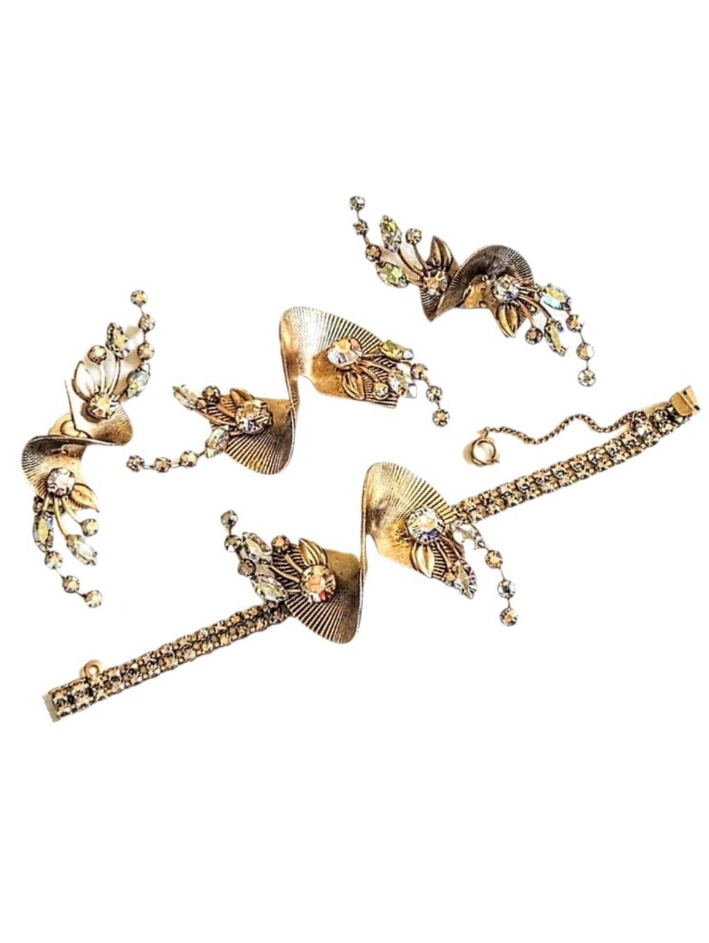 🩷 Vintage High End Gold AB Rhinestone Twist Spray Bracelet Brooch Earrings Set